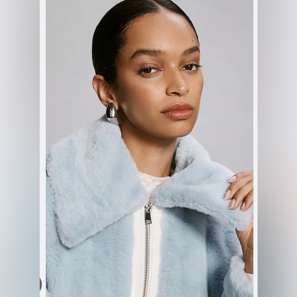New Anthropologie Maeve Light Blue Faux Fur Jacket.